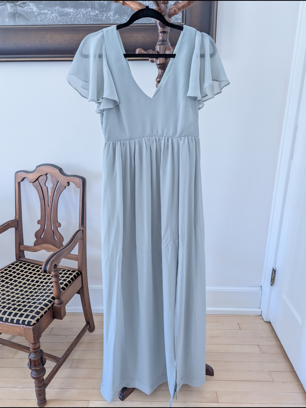 Birdy Grey Light Sage V-Neck Flutter Sleeve Maxi Gown Sz Med